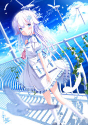 Rule 34 | 1girl, animal, animal ears, ascot, bag, bird, black footwear, blue eyes, blue sky, blurry, blurry foreground, blush, chinomaron, cloud, commentary request, day, depth of field, dress, feet out of frame, frilled dress, frills, highres, horizon, loafers, long hair, ocean, original, outdoors, parted lips, puffy short sleeves, puffy sleeves, railing, red ascot, shirt, shoes, short sleeves, shoulder bag, signature, sky, socks, solo, standing, very long hair, water, white dress, white hair, white shirt, white socks, wind turbine, windmill