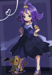 Rule 34 | 1girl, :3, acerola (pokemon), animal ears, antenna hair, armlet, blush, blush stickers, brown footwear, child, collarbone, creatures (company), cu-sith, dress, feet, female focus, flat chest, full body, game freak, gen 7 pokemon, hair ornament, half-closed eyes, hands on own hips, heart, looking to the side, matching hair/eyes, mimikyu, nintendo, pokemon, pokemon (creature), pokemon sm, purple dress, purple eyes, purple hair, sandals, short hair, short sleeves, simple background, smile, solo focus, standing, tail