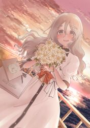Rule 34 | 1girl, bag, bouquet, braid, brown eyes, collared dress, commission, dating, dress, dutch angle, flower, gift bag, grey hair, highres, holding, holding bouquet, kantai collection, long hair, mizunototori, ocean, pola (kancolle), puffy short sleeves, puffy sleeves, shopping bag, short sleeves, skeb commission, solo, white dress, white flower