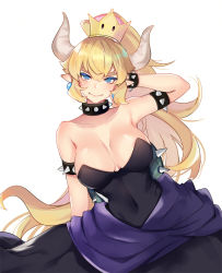 Rule 34 | 1girl, arm at side, arm behind head, bare shoulders, black dress, blonde hair, blue eyes, blush, bowsette, bracelet, breasts, cleavage, collar, collarbone, colored eyelashes, dress, fangs, fangs out, hand in own hair, high ponytail, horns, jewelry, large breasts, long hair, looking at viewer, mario (series), new super mario bros. u deluxe, nintendo, pointy ears, ponytail, shiny clothes, shiny skin, simple background, smile, solo, spiked bracelet, spiked collar, spiked shell, spikes, super crown, thick eyebrows, upper body, waist cape, white background, wide ponytail, zonana