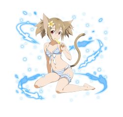 Rule 34 | 1girl, animal ears, arm support, barefoot, bikini, breasts, brown hair, cat ears, cat tail, child, cleavage, collarbone, eating, feet, female focus, flower, food, full body, grey bikini, hair flower, hair ornament, ice cream, legs, long hair, looking at viewer, navel, red eyes, ribbon, silica, silica (sao-alo), sitting, small breasts, solo, sparkle, striped bikini, striped clothes, swimsuit, sword art online, tail, thigh strap, thighs, toes, transparent background, twintails, white ribbon, yellow flower