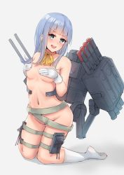 Rule 34 | 1girl, belt, blue eyes, blue hair, blunt bangs, commentary request, commission, covering privates, covering breasts, full body, gloves, hatsukaze (kancolle), hime cut, k jie, kantai collection, kneehighs, looking at viewer, machinery, nude, socks, solo, torpedo launcher, white background, white gloves, white socks