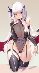 Rule 34 | 1girl, absurdres, azur lane, blue eyes, blush, breasts, bridal gauntlets, cleavage, demon girl, groin, hair ornament, hair ribbon, hairclip, heart, heart-shaped pupils, highres, horns, illustrious (azur lane), large breasts, long hair, looking at viewer, low twintails, mole, mole under eye, on one knee, revealing clothes, ribbon, sidelocks, skindentation, smile, solo, swd3e2, symbol-shaped pupils, thigh strap, thighhighs, thighs, twintails, white hair, wings