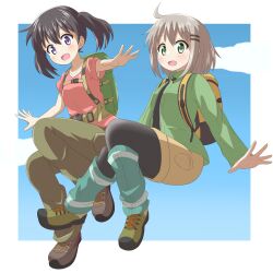 Rule 34 | 2girls, absurdres, backpack, bag, black hair, black pantyhose, black shirt, blush, boots, cloud, collarbone, dot nose, female focus, green eyes, green jacket, grey hair, hair ornament, hairclip, highres, hiking boots, hiking outfit, jacket, kuraue hinata, long sleeves, looking at viewer, medium hair, miniskirt, multiple girls, nanog eb1994, open clothes, open jacket, open mouth, outside border, outstretched arms, pants, pantyhose, purple eyes, shirt, short-sleeved shirt, short sleeves, skirt, sky, t-shirt, yama no susume, yukimura aoi