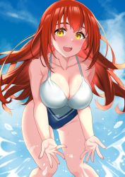 Rule 34 | 1girl, blue sky, breasts, casual one-piece swimsuit, cleavage, cloud, commentary request, commission, cowboy shot, day, highres, jigoku sensei nube, kibihimi, large breasts, leaning forward, looking at viewer, nagisa (jigoku sensei nube), one-piece swimsuit, orange hair, outdoors, pixiv commission, sky, solo, splashing, swimsuit, two-tone swimsuit, white one-piece swimsuit, yellow eyes