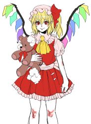 Rule 34 | absurdres, ascot, blonde hair, closed mouth, collared shirt, commentary request, cowboy shot, crystal, flandre scarlet, frilled skirt, frills, hat, hat ribbon, highres, holding, holding stuffed toy, kuya (hey36253625), looking at viewer, medium hair, mob cap, pointy ears, puffy short sleeves, puffy sleeves, red eyes, red ribbon, red skirt, red vest, ribbon, sash, shirt, short sleeves, side ponytail, simple background, sketch, skirt, smile, stuffed animal, stuffed toy, teddy bear, touhou, vest, white background, white headwear, white sash, white shirt, wings, yellow ascot