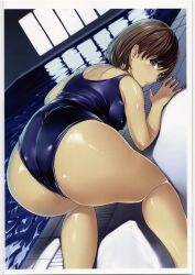 Rule 34 | 1girl, all fours, anegasaki nene, ass, bent over, breasts, brown eyes, brown hair, competition swimsuit, covered erect nipples, dutch angle, grey eyes, hakaba (dairiseki), highres, large breasts, lips, looking back, love plus, mole, mole under eye, one-piece swimsuit, pool, poolside, short hair, solo, swimsuit, water
