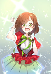 Rule 34 | 1girl, blouse, blush, breasts, brown hair, collared shirt, glasses, gloves, gradient background, green background, green eyes, green neckwear, green skirt, green theme, hair between eyes, highres, idol, jacket, large breasts, looking at viewer, medium hair, microphone, music, open mouth, red jacket, shirt, short sleeves, singing, skirt, smile, solo, sparkle background, teeth, teina, white gloves, white shirt, yuzuriha maimai, zombie land saga