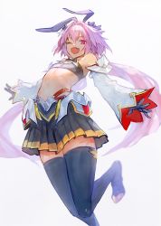 Rule 34 | 1boy, astolfo (fate), black bow, blush, bow, detached sleeves, fang, fate/apocrypha, fate/grand order, fate (series), hair intakes, highres, long hair, male focus, multicolored hair, open mouth, pink hair, pleated skirt, purple eyes, simple background, skin fang, skirt, smile, solo, streaked hair, trap, waterstaring, white background