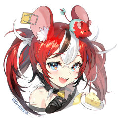 Rule 34 | 1girl, :d, absurdres, animal ears, bare shoulders, black choker, black gloves, blue eyes, cheese, choker, earrings, extra ears, food, gloves, hakos baelz, highres, hololive, hololive english, jewelry, long hair, looking at viewer, mouse (animal), mouse ears, mousetrap, mr. squeaks (hakos baelz), multicolored hair, off shoulder, open mouth, portrait, red hair, sharp teeth, sidelocks, simple background, smile, solo, soyoong jun, spiked choker, spikes, streaked hair, teeth, twintails, two-tone hair, virtual youtuber, white background