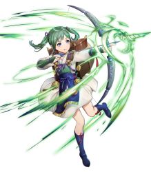 Rule 34 | 1girl, arrow (projectile), boots, bow (weapon), dress, fire emblem, fire emblem fates, fire emblem heroes, full body, green hair, highres, holding, holding bow (weapon), holding weapon, japanese clothes, long hair, long sleeves, looking away, midori (fire emblem), mikurou (nayuta), nintendo, official art, purple eyes, smile, solo, tongue, tongue out, transparent background, twintails, weapon