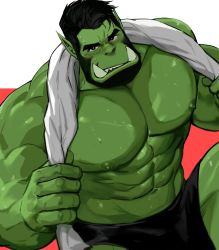 Rule 34 | 1boy, abs, bara, beard, biceps, black hair, colored skin, dopey (dopq), facial hair, green skin, highres, large pectorals, looking at viewer, male focus, manly, mature male, muscular, muscular male, navel, nipples, orc, original, pectorals, short hair, shorts, solo, sweat, sweatdrop, teeth, thick arms, thick eyebrows, topless male, towel, towel around neck, tusks