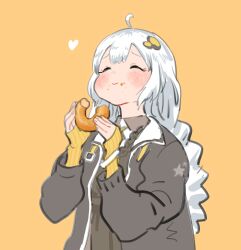 Rule 34 | 1girl, absurdres, ahoge, black dress, black jacket, blush, braid, closed eyes, collared shirt, commentary request, doughnut, dress, eating, fingerless gloves, food, food bite, food on face, foodgasm, full mouth, furrowed brow, gloves, hair ornament, heart, highres, holding, holding food, jacket, kizuna akari, long hair, long sleeves, low twin braids, mashima jirou, open clothes, open jacket, orange background, raised eyebrows, shirt, simple background, smile, solo, striped clothes, striped gloves, twin braids, upper body, vertical-striped clothes, vertical-striped gloves, vocaloid, voiceroid, white hair, yellow gloves