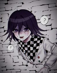 Rule 34 | 1boy, :d, ?, brick wall, buttons, checkered clothes, checkered scarf, danganronpa (series), danganronpa v3: killing harmony, drooling, flipped hair, grey jacket, hair between eyes, highres, jacket, long sleeves, male focus, multicolored hair, oma kokichi, open mouth, scarf, shaded face, smile, solo, speech bubble, spoken question mark, sweat, teeth, through wall, two-tone hair, upper teeth only, yuna (uxxuvu)