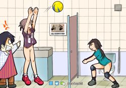 Rule 34 | 1boy, 2girls, anger vein, artist name, bad source, ball, black socks, bottomless, brown footwear, character request, clothes, copyright request, from side, green shirt, jumping, knee pads, multiple girls, playing sports, purple shirt, red footwear, self-upload, shirt, short sleeves, socks, tagme, toilet, volleyball, volleyball (object), weryhentai, white socks