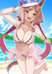 Rule 34 | 1girl, absurdres, alternate costume, animal ears, arm up, armpits, bare shoulders, barefoot, beach, blurry, blurry background, blush, bracelet, breasts, collarbone, commentary, foot out of frame, foot up, hair ornament, hairclip, hat, highres, horse ears, horse girl, horse tail, jewelry, knees together feet apart, leg up, legs, looking at viewer, matikane tannhauser (umamusume), medium breasts, medium hair, navel, newon, ocean, outdoors, sand, solo, sweat, tail, toes, umamusume