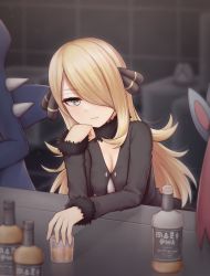 Rule 34 | 1girl, absurdres, atorie, bar (place), black coat, blonde hair, blurry, bottle, breasts, cleavage, closed mouth, coat, commentary request, creatures (company), cup, cynthia (pokemon), drinking glass, eyelashes, fur-trimmed coat, fur collar, fur trim, game freak, garchomp, gen 3 pokemon, gen 4 pokemon, glass, grey eyes, hair ornament, hair over one eye, head rest, highres, holding, holding cup, long hair, looking at viewer, milotic, nintendo, pokemon, pokemon (creature), pokemon dppt, shot glass, table