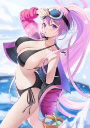 Rule 34 | 1girl, ass, bikini, black bikini, blue archive, blush, breasts, bucket, cleavage, eimi (blue archive), eimi (swimsuit) (blue archive), goggles, goggles on head, halo, highres, holding, holding bucket, jacket, large breasts, long hair, looking at viewer, may9, navel, official alternate costume, open clothes, open jacket, parted lips, pink eyes, pink hair, pink halo, pink jacket, ponytail, side-tie bikini bottom, solo, swimsuit, very long hair