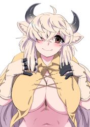 Rule 34 | 1girl, ahoge, animal ears, arms up, between breasts, black horns, blush, breasts, brown eyes, extra ears, gloves, grey horns, hair over one eye, head tilt, highres, horns, huge breasts, kemono friends, leaning forward, long hair, mamiyama, multicolored horns, ox ears, ox girl, ox horns, parted bangs, shirt, simple background, sleeveless, smile, solo, upper body, very long hair, white background, yak (kemono friends), yellow shirt