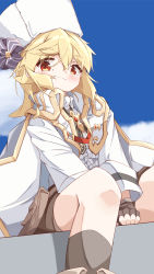 Rule 34 | 1girl, absurdres, between legs, black gloves, blonde hair, blue sky, blush, brown shorts, cape, center frills, closed mouth, cloud, collared shirt, day, feet out of frame, fingerless gloves, frills, fur hat, girls&#039; frontline, gloves, grey socks, hair between eyes, hand between legs, hat, highres, matsuo (matuonoie), nagant revolver (girls&#039; frontline), outdoors, red eyes, shirt, short shorts, shorts, sitting, sky, smile, socks, solo, white cape, white hat, white shirt