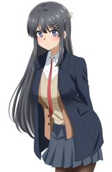 Rule 34 | 1girl, arms behind back, black coat, black hair, blazer, blush, brown jacket, brown pantyhose, closed mouth, coat, collared shirt, commentary request, dars (recolors), grey skirt, hair ornament, hairclip, highres, jacket, long hair, necktie, open clothes, open jacket, pantyhose, pleated skirt, rabbit hair ornament, red necktie, sakurajima mai, seishun buta yarou, shirt, simple background, skirt, smile, solo, sweater vest, white background, white shirt, yellow sweater vest