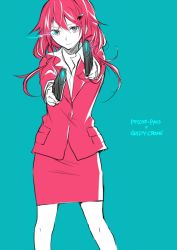 Rule 34 | 10s, 1girl, company connection, crossover, formal, guilty crown, gun, hair ornament, hairclip, handgun, long hair, office lady, pencil skirt, pink hair, production ig, psycho-pass, simple background, skirt, skirt suit, solo, suit, weapon, yoma, yuzuriha inori
