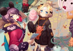 Rule 34 | abigail williams (fate), abigail williams (traveling outfit) (fate), bandaid, bandaid on face, bandaid on forehead, belt, black bow, black jacket, blonde hair, blue eyes, bow, cotton candy, crossed bandaids, fate/grand order, fate (series), food, forehead, hair bun, hair ornament, hairpin, heroic spirit traveling outfit, high collar, jacket, katsushika hokusai (fate), long hair, long sleeves, multiple bows, official alternate costume, orange belt, orange bow, parted bangs, polka dot, polka dot bow, purple eyes, purple hair, short hair, single hair bun, sleeves past fingers, sleeves past wrists, stuffed animal, stuffed toy, teddy bear