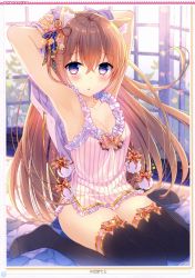 Rule 34 | 1girl, animal ears, armpits, arms up, blonde hair, blush, breasts, camisole, cat ears, cleavage, collarbone, frill trim, frills, hair ribbon, highres, long hair, looking at viewer, medium breasts, no pants, on bed, original, purple eyes, ribbon, sitting, solo, thighhighs, undressing, wariza, yadapot, zettai ryouiki