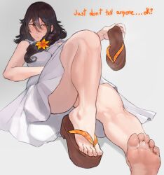 Rule 34 | 1girl, barefoot, black hair, blush, feet, long hair, looking at viewer, parted lips, sandals, scathegrapes, shoes, soles, toes, unworn sandals, unworn shoes, yellow eyes, zouri