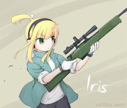 Rule 34 | 1girl, blonde hair, ear protection, gloves, green eyes, gun, iris (material sniper), kazuyu, material sniper, nakaaki masashi, ponytail, rifle, sleeves rolled up, sniper rifle, solo, weapon