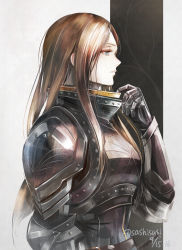 Rule 34 | 1girl, adjusting collar, armor, black background, breastplate, brown hair, dated, gauntlets, green eyes, knight, long hair, original, plate armor, shoulder armor, signature, solo, sushi (sashimise), translation request, two-tone background, white background