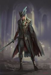 Rule 34 | 1girl, black cape, black coat, black footwear, black pants, blonde hair, bloodborne, boots, brown gloves, cape, closed mouth, coat, gloves, holding, holding sword, holding weapon, lady maria of the astral clocktower, long hair, looking at viewer, miso katsu, pants, rapier, red eyes, solo, sword, the old hunters, twitter username, weapon