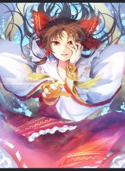 Rule 34 | 1girl, bad id, bad twitter id, bare shoulders, bow, bracelet, brown eyes, brown hair, cibo (killy), dress, earrings, embellished costume, gold, hair bow, hair tubes, hakurei reimu, jewelry, letterboxed, long hair, long sleeves, looking at viewer, neckerchief, outstretched arm, red dress, revision, shawl, solo, sparkle, touhou, very long hair