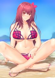 Rule 34 | 1girl, bikini, blush, bracelet, breasts, cleavage, fate/grand order, fate (series), flower, hair flower, hair ornament, highres, jewelry, large breasts, long hair, looking at viewer, nail polish, navel, purple hair, red eyes, scathach (fate), scathach (fate), scathach (swimsuit assassin) (fate), shukurimu, sitting, smile, solo, swimsuit