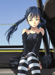 Rule 34 | 1girl, bare shoulders, black &amp; white, black hair, detached sleeves, dress, green eyes, passion fruits jam, patterned legwear, sitting, solo, striped clothes, striped thighhighs, thighhighs, twintails, two-tone stripes, yoneda taishou