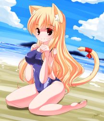Rule 34 | 1girl, animal ear fluff, animal ears, bad feet, bare arms, bare legs, bare shoulders, barefoot, beach, blue one-piece swimsuit, blue sky, blush, breasts, cat ears, cat girl, cat tail, closed mouth, cloud, commentary request, competition swimsuit, covered navel, day, hair between eyes, hands up, highres, horizon, kanijiru, medium breasts, ocean, one-piece swimsuit, original, outdoors, red eyes, red ribbon, ribbon, sand, signature, sitting, sky, smile, solo, swimsuit, tail, tail ornament, tail raised, tail ribbon, wariza, water