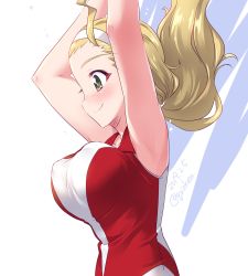 Rule 34 | 1girl, armpits, arms up, artist name, blonde hair, blush, bouncing breasts, breasts, brown eyes, commentary, from side, girls und panzer, hair pulled back, hairband, highres, kuzuryuu kennosuke, large breasts, long hair, one-hour drawing challenge, ponytail, red shirt, sasaki akebi, shirt, sleeveless, sleeveless shirt, solo, sportswear, standing, sweat, twitter username, upper body, volleyball uniform, white background, white hairband