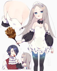 Rule 34 | 1boy, 1girl, aqua pantyhose, armpit crease, bare shoulders, black bow, black hair, black pantyhose, blue eyes, blush, bow, bright pupils, brown hair, closed eyes, closed mouth, clothing cutout, detached sleeves, duster, feather duster, feeding, fingernails, food, fork, frills, fruit, grey background, hair bow, hair over one eye, highres, holding, holding duster, holding fork, light blush, light brown hair, long hair, maid, maid headdress, moyori, multicolored clothes, multicolored legwear, multiple views, off shoulder, open mouth, original, pantyhose, simple background, smile, strawberry, striped clothes, white pupils