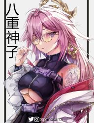 Rule 34 | 1girl, animal ears, arm tattoo, belt, bespectacled, breasts, cleavage cutout, clothing cutout, commentary, earrings, english commentary, fox ears, genshin impact, glasses, hair between eyes, hair ornament, highres, jewelry, long hair, long sleeves, looking at viewer, looking to the side, nail polish, off-shoulder jacket, off shoulder, orange-tinted eyewear, orange-tinted glasses, panos (ssgpanos), parted lips, pink-tinted eyewear, pink-tinted glasses, pink hair, playing with own hair, purple eyes, sidelocks, simple background, solo, sunglasses, tattoo, tinted eyewear, translation request, turtleneck, twitter username, underboob, vision (genshin impact), yae miko, zipper