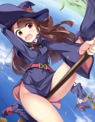 Rule 34 | 2girls, arms behind head, ass, belt, blue sky, blush, breasts, broom, broom riding, brown eyes, brown hair, cloud, commentary request, day, flying, flying sweatdrops, hair between eyes, hair over one eye, hat, highres, holding, kagari atsuko, light purple hair, little witch academia, long hair, looking at viewer, luna nova school uniform, multiple girls, no panties, open mouth, outdoors, pale skin, red eyes, school uniform, sky, small breasts, smile, sucy manbavaran, sweatdrop, thighs, wide sleeves, witch, witch hat, yokaze japan