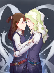 Rule 34 | 2girls, ^ ^, artist name, blonde hair, blue vest, blush, brown hair, closed eyes, copyright name, diana cavendish, closed eyes, forehead-to-forehead, heads together, highres, hug, kagari atsuko, little witch academia, long hair, multiple girls, noses touching, red eyes, short ponytail, smile, vest, xiao lu, yuri