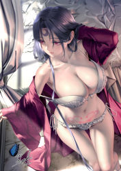 Rule 34 | bed, bed sheet, bra, breasts, bug, butterfly, cleavage, closed mouth, collarbone, curtains, dated, eyelashes, eyes visible through hair, facial mark, forehead mark, frilled panties, frills, hand in own hair, hand up, highres, indoors, insect, japanese clothes, kimono, large breasts, long hair, looking to the side, navel, off shoulder, open bra, open clothes, open kimono, original, pale skin, panties, pink eyes, pubic tattoo, purple hair, purple kimono, ryuki@maguro-ex, side-tie panties, signature, solo, strap slip, tattoo, underwear, open bra, veins, veiny breasts, white bra, white panties, wide sleeves