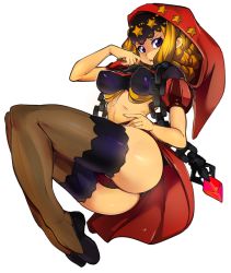 Rule 34 | 1girl, ass, bad id, bad tumblr id, breasts, full body, highres, lace, lace-trimmed legwear, lace trim, legs, looking at viewer, lying, medium breasts, odin sphere, parted lips, puff and slash sleeves, puffy sleeves, purple eyes, simple background, slugbox, solo, thighhighs, thighs, velvet (odin sphere), white background