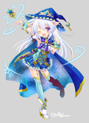 Rule 34 | 1girl, ;d, animal ears, bad id, bad pixiv id, bell, blue cape, blue dress, blue legwear, cape, dress, full body, hat, long hair, nonno, official art, one eye closed, open mouth, purple eyes, shoes, silver hair, smile, solo, standing, standing on one leg, tokinon, wand, white footwear, wizard hat, x-overd
