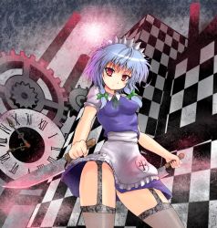 Rule 34 | 1girl, adapted costume, ahoge, american mcgee&#039;s alice, bad id, bad pixiv id, blue hair, bow, braid, clock, dual wielding, embodiment of scarlet devil, female focus, garter belt, garter straps, gears, hair bow, holding, izayoi sakuya, knife, red eyes, solo, sumapan, thighhighs, throwing knife, touhou, twin braids, weapon