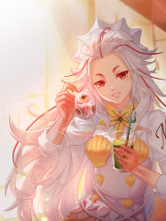 Rule 34 | 1girl, ai the somnium files, aiba (ai the somnium files), cowboy shot, cup, dress, drinking glass, drinking straw, hair slicked back, holding, holding cup, huan ying, long hair, looking at viewer, multicolored hair, parted lips, polearm, red eyes, red hair, shell, sleeves rolled up, smile, solo, streaked hair, sunlight, teeth, trident, weapon, white dress, white hair