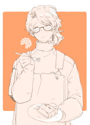Rule 34 | 1boy, apron, blush, fork, glasses, gloves, gregor (project moon), greyscale, hair bun, hand up, highres, holding, holding fork, jacket, limbus company, looking to the side, male focus, meat pie, monochrome, project moon, solo, uchimura (rino0525), upper body