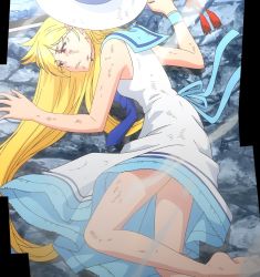 Rule 34 | 1girl, bare shoulders, barefoot, blonde hair, clenched teeth, defeat, dress, feet, female focus, flower, from behind, hair ornament, hat, highres, long hair, lying, no shoes, on side, panties, red eyes, sailor collar, screencap, solo, stitched, teeth, third-party edit, toes, tokisaka kuroumaru, torn clothes, underwear, uq holder!, weapon, white dress, white panties
