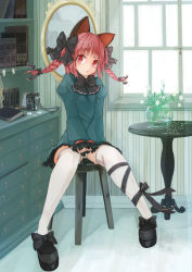 Rule 34 | 1girl, animal ears, book, bow, braid, camera, cat ears, covering privates, covering crotch, drawer, dress, extra ears, flower, frilled dress, frills, hair bow, highres, juliet sleeves, kaenbyou rin, light rays, long sleeves, looking at viewer, maru-pen, mirror, panties, pantyshot, puffy long sleeves, puffy sleeves, red eyes, red hair, shelf, shoes, sitting, solo, stool, striped, table, thighhighs, touhou, twin braids, underwear, v arms, vertical stripes, wallpaper, white panties, white thighhighs, window