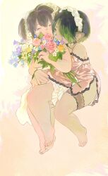 Rule 34 | 2girls, absurdres, bare legs, barefoot, black choker, black hair, blue flower, bouquet, choker, closed mouth, daisy, dress, earrings, final fantasy, final fantasy xiv, flower, green eyes, green hair, hair over one eye, half-closed eyes, headdress, heart, heart earrings, highres, holding, holding bouquet, hug, jewelry, koubayouniao, lace, lace-trimmed dress, lace trim, lalafell, looking at viewer, lying, multicolored hair, multiple girls, on side, pink dress, pink flower, pink rose, profile, purple flower, rose, short hair, streaked hair, thigh strap, thighs, toes, two-tone hair, two side up, warrior of light (ff14), white flower, white headdress, yellow background, yellow flower, yuri